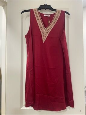 RACHEL Rachel Roy Burgundy Sleeveless Mini Dress with Cream Crochet V-Neck